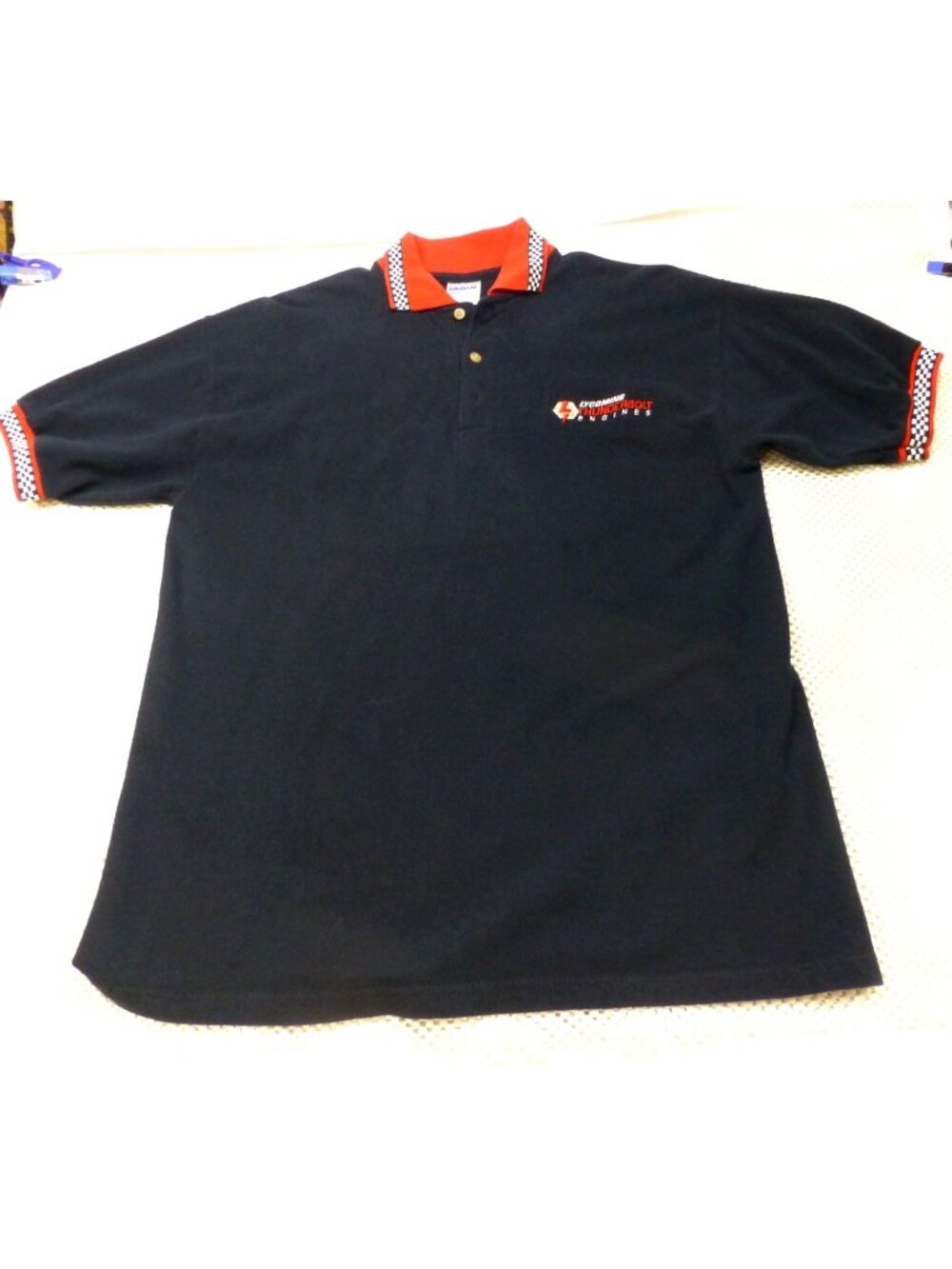 Lycoming Thunderbolt Engines Polo Shirt Black Red Checkered Collar Size M